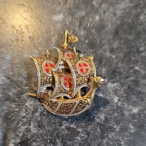 Vintage Gold Ship Brooch with Red Details
